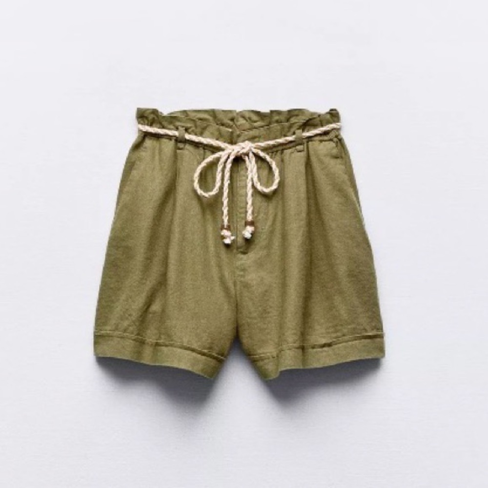 Zara Olive Green High-Waist Paperbag Shorts